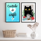 Kit 2 Quadros Cantinho Do Café Gatinho Floral azul 33x24cm -