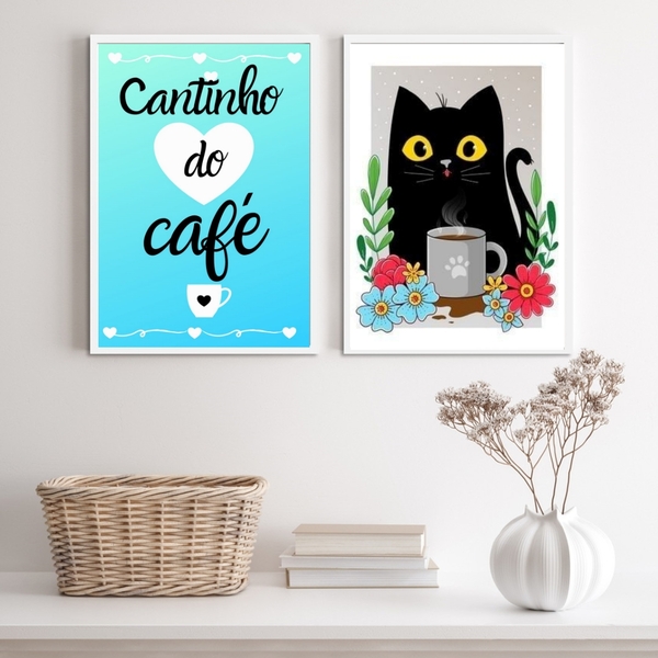 Kit 2 Quadros Cantinho Do Café Gatinho Floral azul 45x34cm Mo