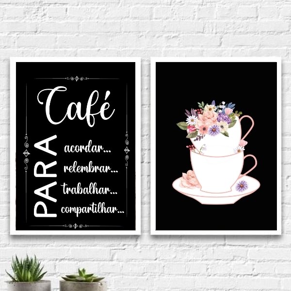 Kit 2 Quadros Cantinho Do Café Xícaras Flores 45x34cm - Com V