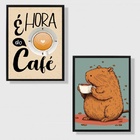 Kit 2 Quadros Capivara - Hora Do Café 45x34cm - Com Vidro Mol