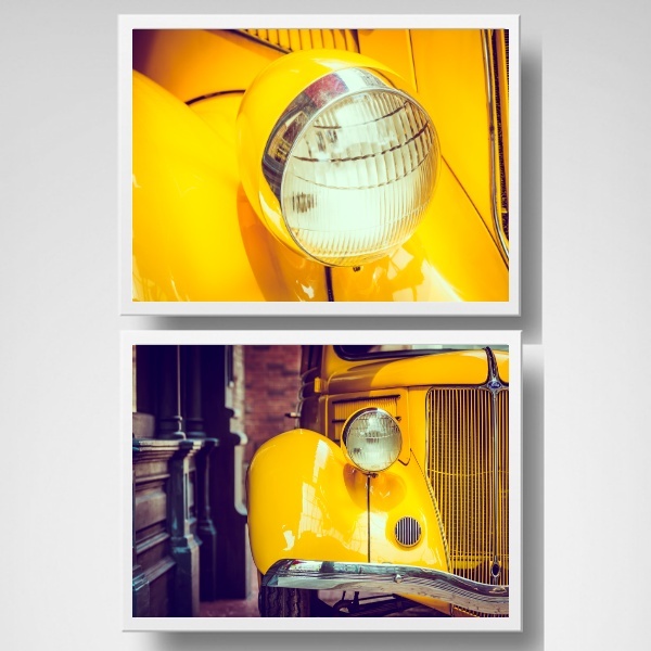 Kit 2 Quadros Carro E Farol Amarelo 24x18cm - Com Vidro Moldu