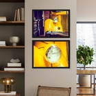 Kit 2 Quadros Carro E Farol Amarelo 24x18cm - Com Vidro Moldu