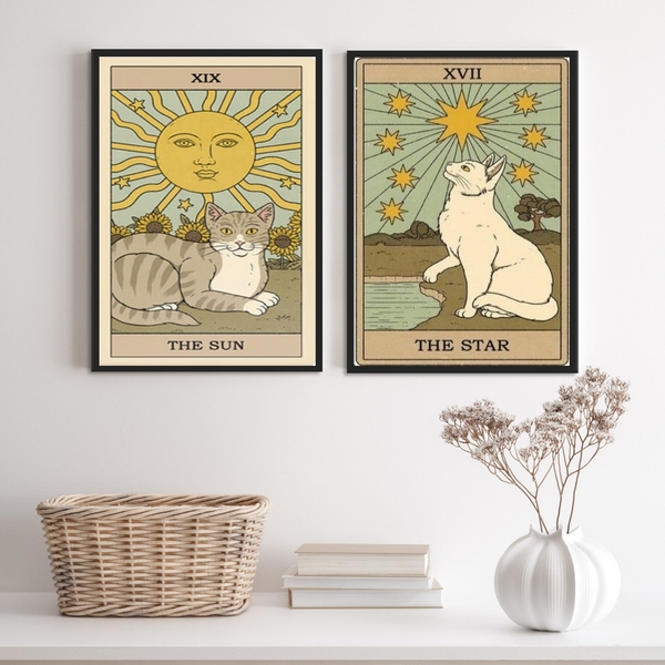 Kit 2 Quadros Cartas Tarot Gato- The Sun E The Star 45x34cm -