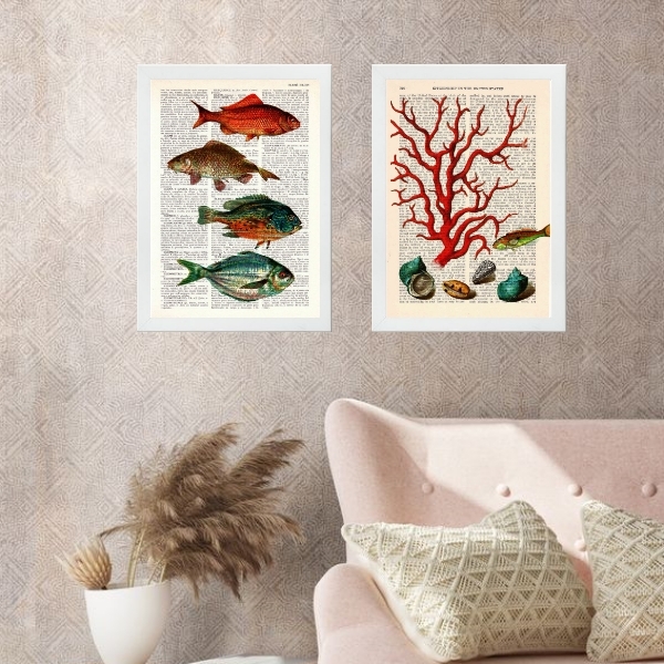 Kit 2 Quadros Casa De Praia- Peixes E Alga 24x18cm Moldura:ma