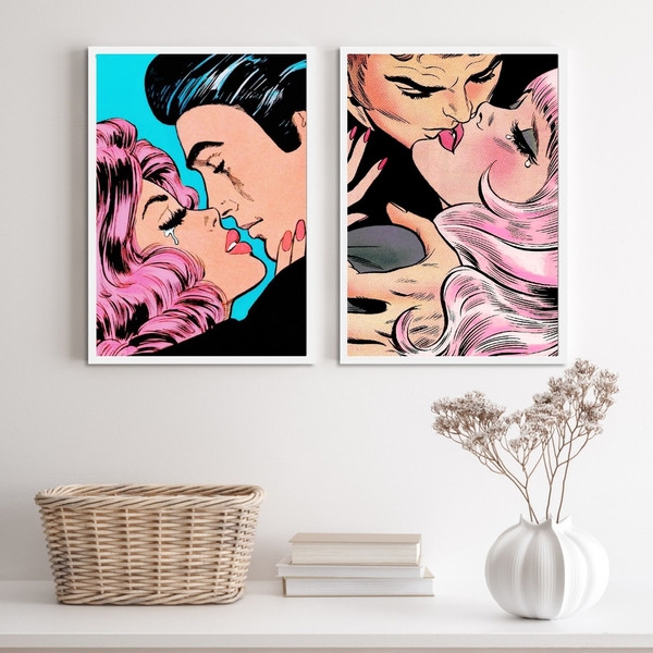 Kit 2 Quadros Casais Beijo Pop Art 33x24cm - Com Vidro Moldur