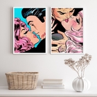 Kit 2 Quadros Casais Beijo Pop Art 45x34cm - Com Vidro Moldur