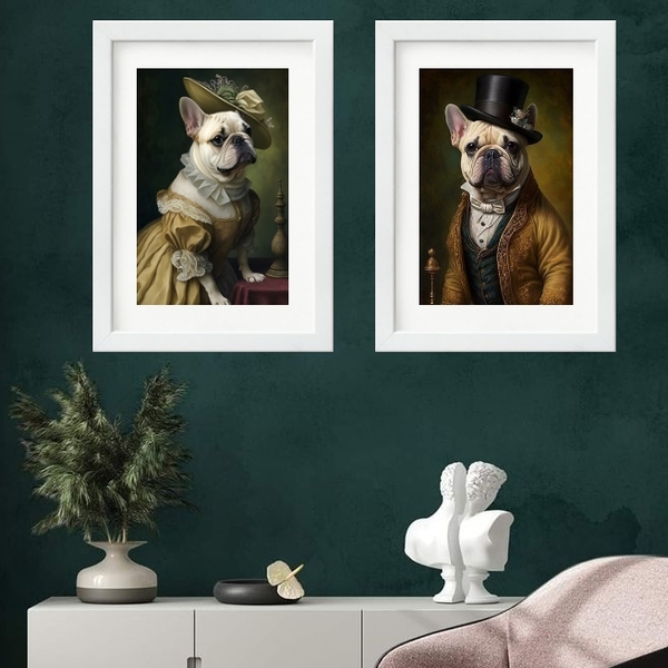 Kit 2 Quadros Casal Bulldogs Franceses  - 60x48cm Moldura:mad