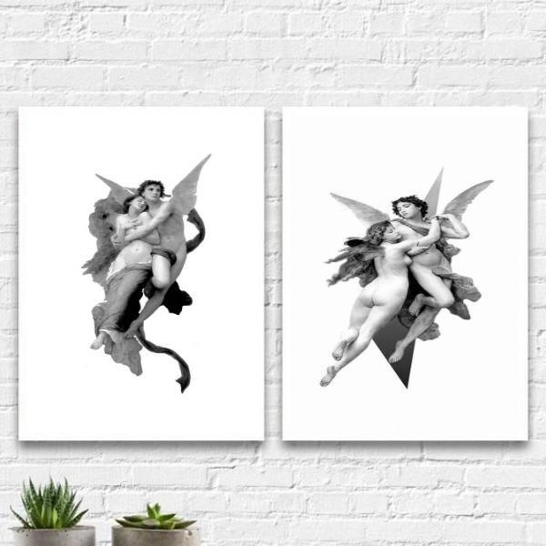 Kit 2 Quadros Casal De Anjos Vitorianos 45x34cm Moldura:madei