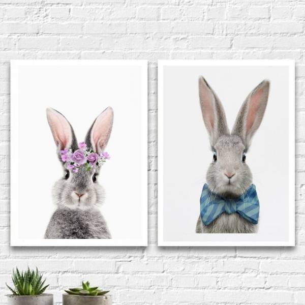 Kit 2 Quadros Casal De Coelhos 45x34cm - Com Vidro Moldura:ma