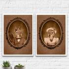 Kit 2 Quadros Casal De Esquilos Vintage 33x24cm Moldura:madei