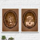 Kit 2 Quadros Casal De Esquilos Vintage 33x24cm Moldura:madei