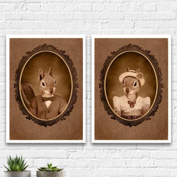 Kit 2 Quadros Casal De Esquilos Vintage 45x34cm Moldura:madei