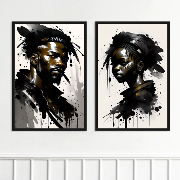 Kit 2 Quadros Casal De Negros - Aquarela 24x18cm Moldura Preta