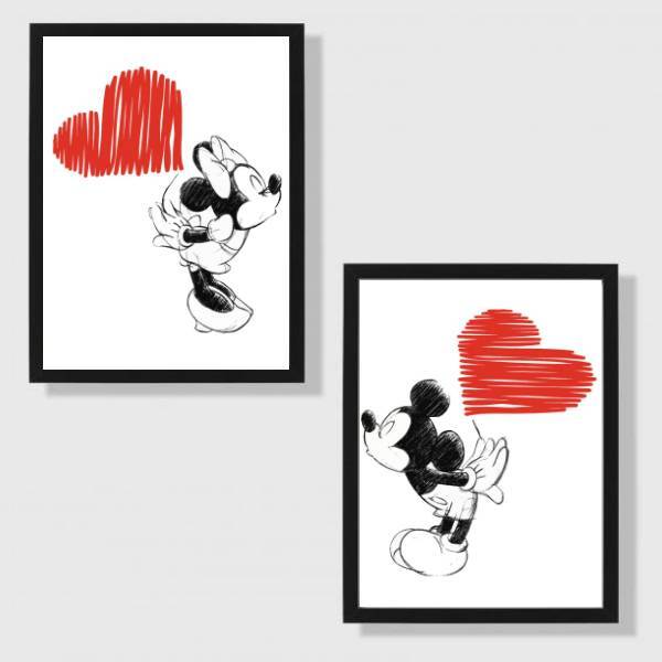 Kit 2 Quadros Casal Mickey E Minnie 24x18cm - Com Vidro Moldu