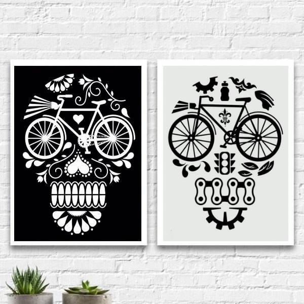 Kit 2 Quadros Caveiras Bicicletas 45x34cm - Com Vidro Moldura