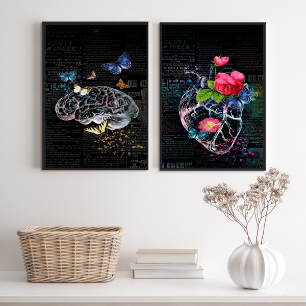Kit 2 Quadros Cérebro Coração- Flores E Borboletas 33x24cm -
