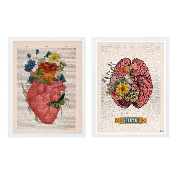 Kit 2 Quadros Cérebro E Coração- Think 33x24cm Moldura:madeir