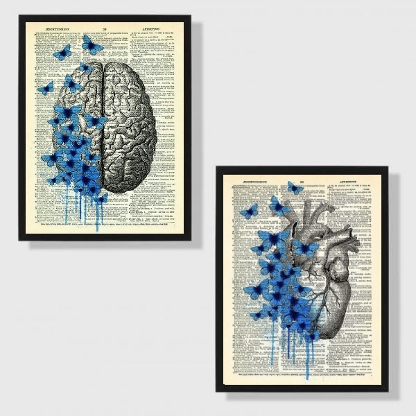 Kit 2 Quadros Cérebro E Coração Borboletas 33x24cm Moldura:ma