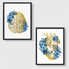 Kit 2 Quadros Cérebro E Coração Flores Azuis 24x18cm - Com Vi