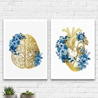 Kit 2 Quadros Cérebro E Coração Flores Azuis 33x24cm - Com Vi