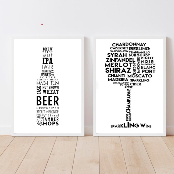 Kit 2 Quadros Cerveja E Vinho Minimalistas 33x24cm Moldura:ma