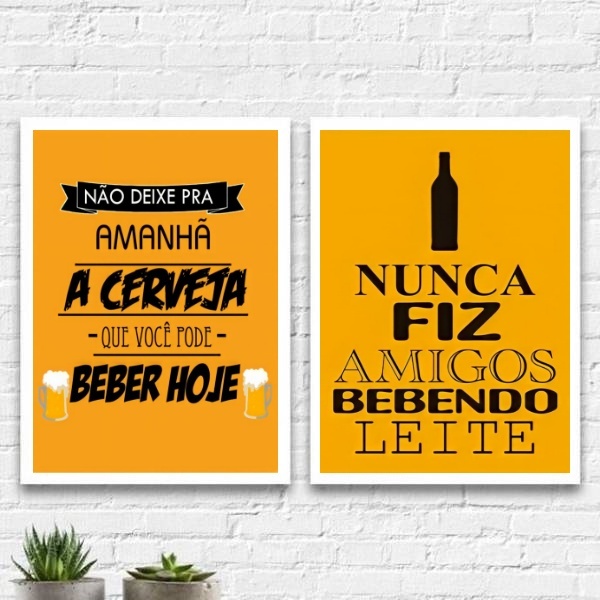 Kit 2 Quadros Cerveja Preto E Amarelo 33x24cm Moldura:madeira