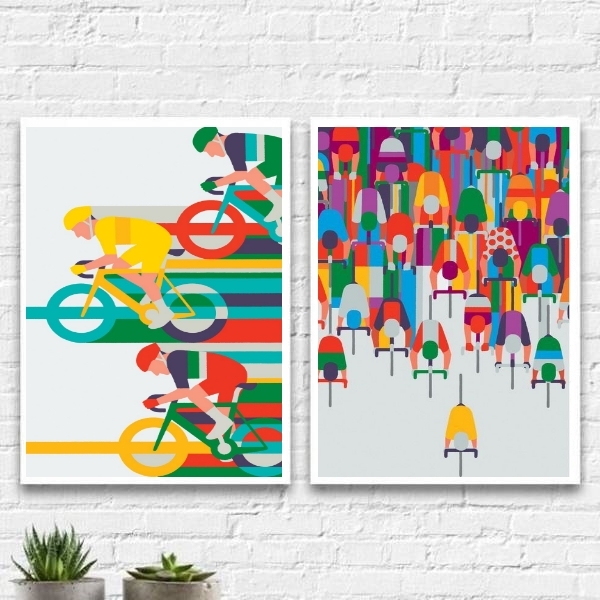 Kit 2 Quadros Ciclistas Ciclismo 45x34cm - Com Vidro Moldura:
