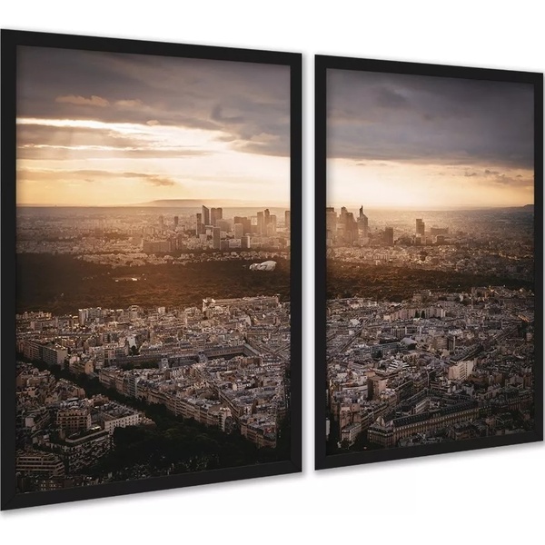 Kit 2 Quadros Cidade Ao Entardecer 24x18cm - Com Vidro Moldur