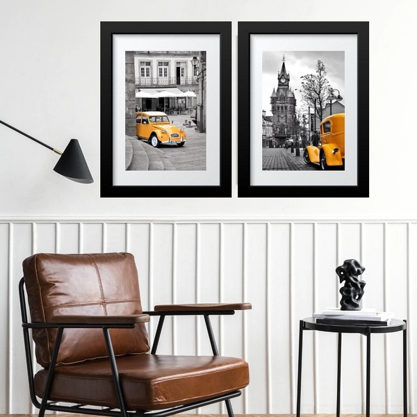 Kit 2 Quadros Cidades Carros Amarelos - 60x48cm Moldura:madei