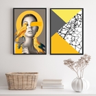 Kit 2 Quadros Cinza E Amarelo Mulher Pássaros abstrato 33x24c