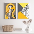 Kit 2 Quadros Cinza E Amarelo Mulher Pássaros abstrato 45x34c