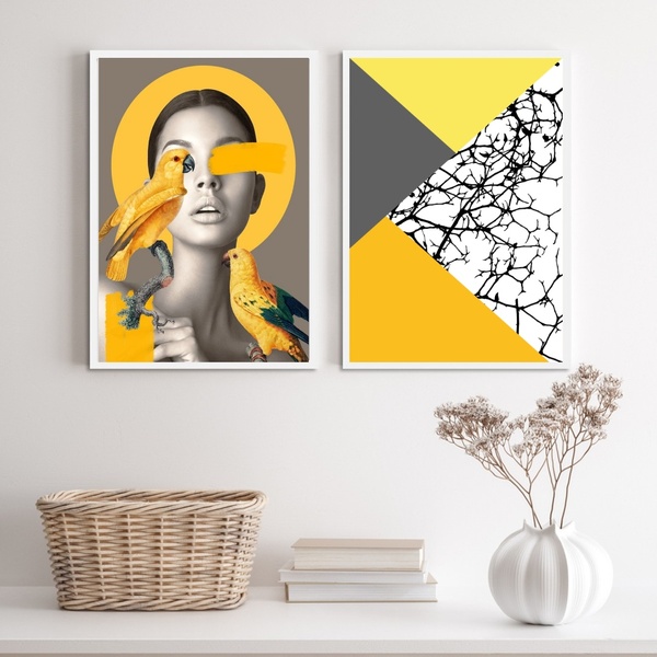 Kit 2 Quadros Cinza E Amarelo Mulher Pássaros abstrato 45x34c