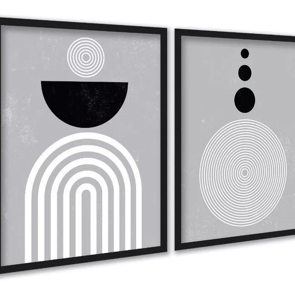 Kit 2 Quadros Cinzas Linhas Preto Branco 24x18cm Moldura Bran