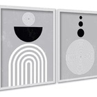 Kit 2 Quadros Cinzas Linhas Preto Branco 45x34cm - Com Vidro