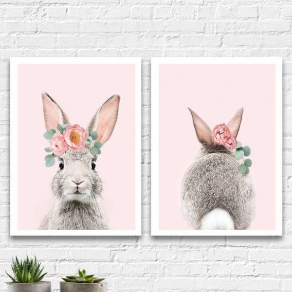 Kit 2 Quadros Coelhinha Floral Rosa 33x24cm Moldura:madeira P