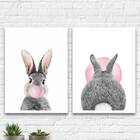 Kit 2 Quadros Coelhos Bubble Gum 33x24cm - Com Vidro Moldura: