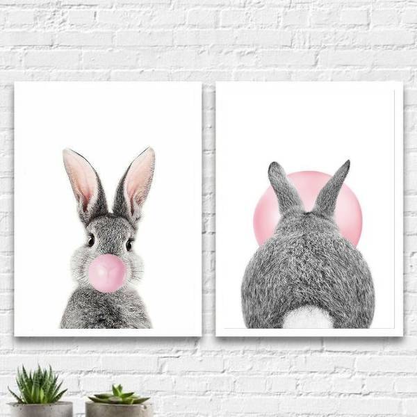 Kit 2 Quadros Coelhos Bubble Gum 33x24cm - Com Vidro Moldura: