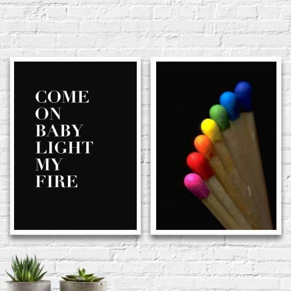 Kit 2 Quadros Come On Baby Light My Fire 33x24cm - Com Vidro