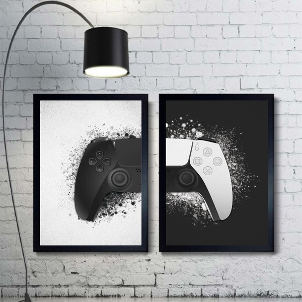 Kit 2 Quadros Controle De Vídeo-game Preto E Branco 24x18cm M