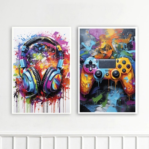 Kit 2 Quadros Controle Vídeo-game E Fone De Ouvido 33x24cm -