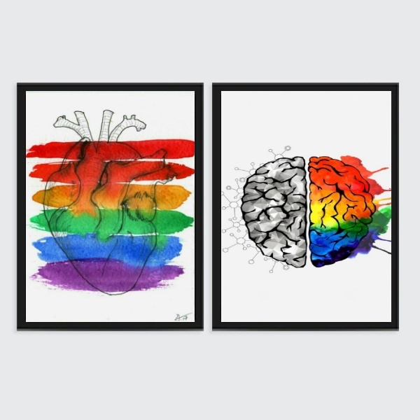 Kit 2 Quadros Coração E Cérebro Gay 33x24cm - Com Vidro Moldu