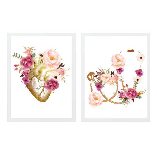 Kit 2 Quadros Coração E Estetoscópio Floral 45x34cm Moldura:m