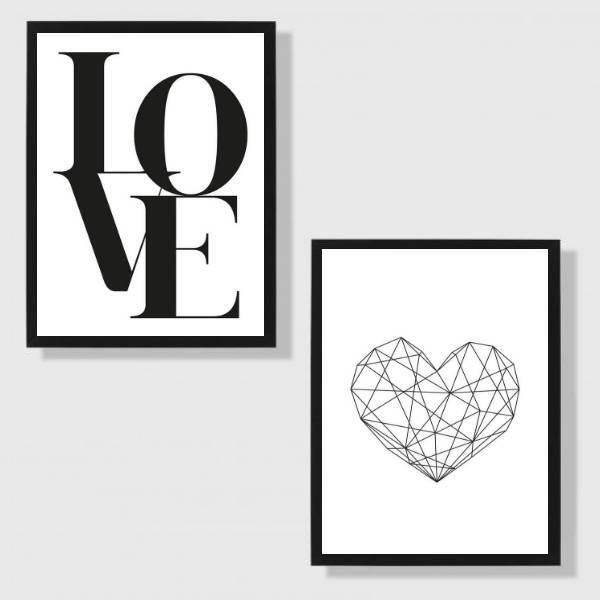 Kit 2 Quadros Coração Geométrico 24x18cm - Com Vidro Moldura: