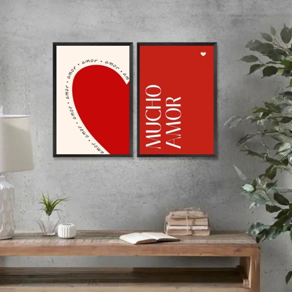 Kit 2 Quadros Coração - Mucho Amor 45x34cm Moldura Branca