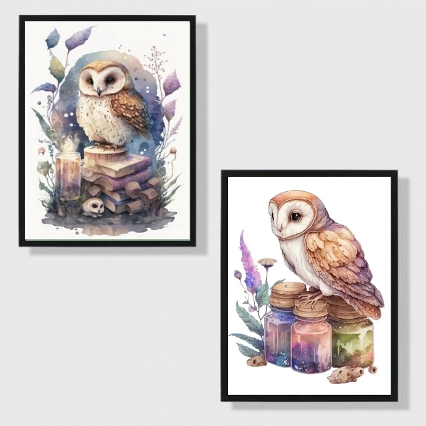 Kit 2 Quadros Coruja Mágica Aquarela 24x18cm Moldura:madeira