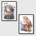 Kit 2 Quadros Coruja Mágica Aquarela 45x34cm Moldura:madeira