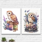 Kit 2 Quadros Coruja Mágica Aquarela 45x34cm Moldura:madeira