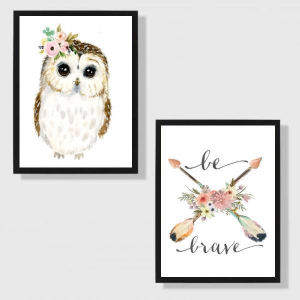 Kit 2 Quadros Corujinha Be Brave 24x18cm - Com Vidro Moldura: