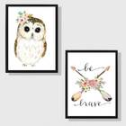Kit 2 Quadros Corujinha Be Brave 24x18cm Moldura:madeira Bran