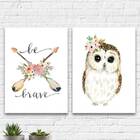 Kit 2 Quadros Corujinha Be Brave 33x24cm - Com Vidro Moldura: